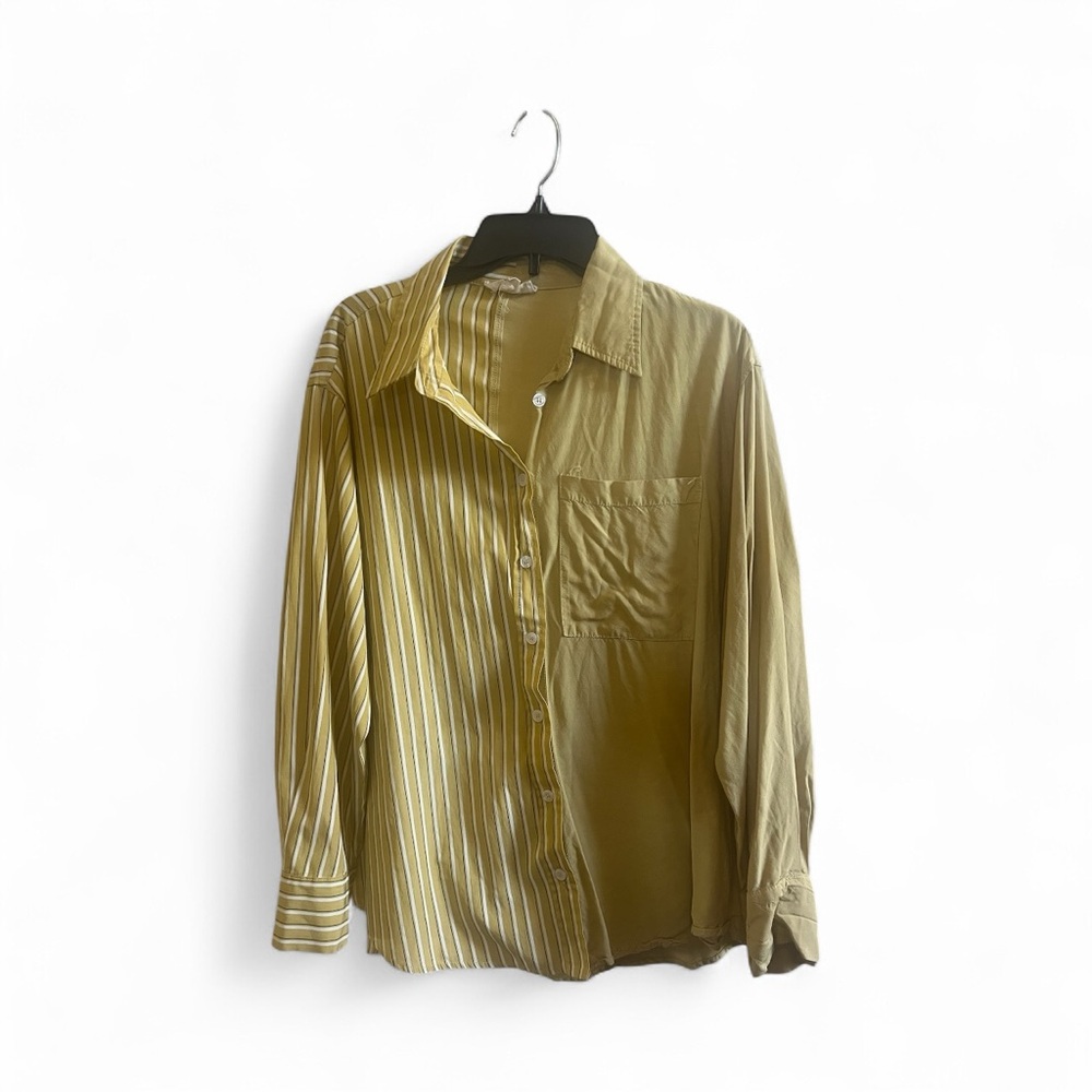 Listicle Womens Mixed Media Striped Button Down Shirt Mustard Yellow Medium